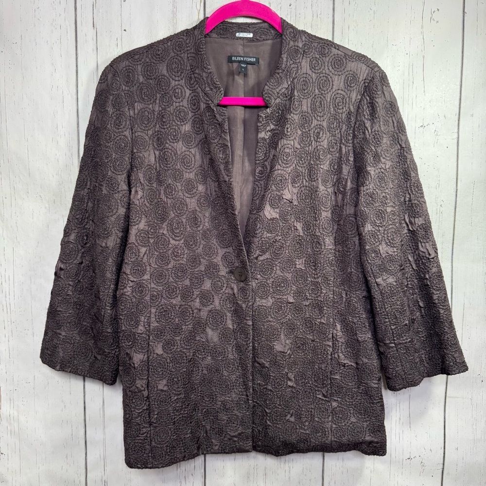 Eileen Fisher 100% Silk Textured Jacket Blazer Brown Taupe L Minimalist Luxe